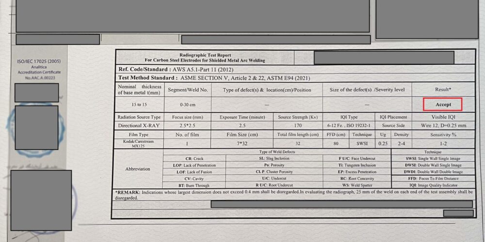 The radiographic test result sheet for the plate test prepared according to the AWS A5.1 standard