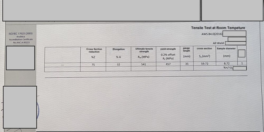 Tensile Test Report from Lab. These tests are done according to the AWS B4.0