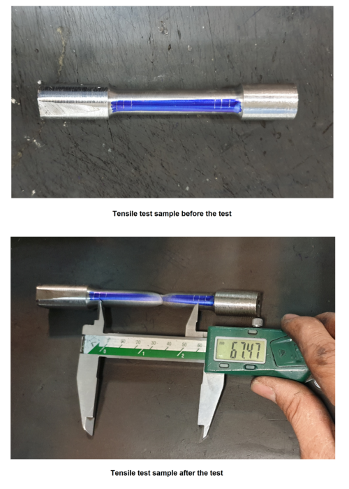 Tensile test sample before and after the test. The length of the gauge is measured on the sample before the test, and after the test, the percentage increase in the length of the sample is measured