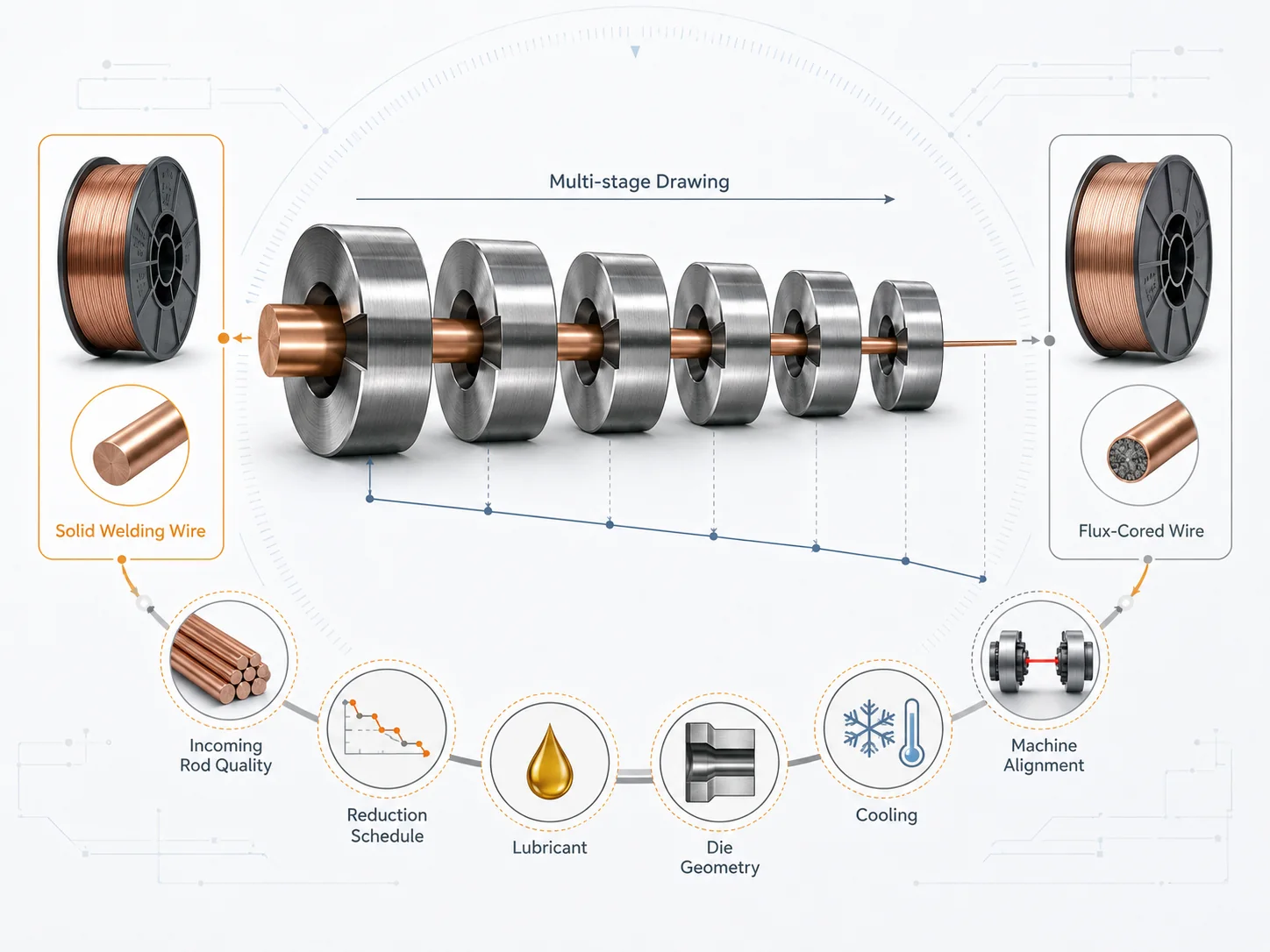 Multi-stage drawing process for solid and flux-cored welding wire
