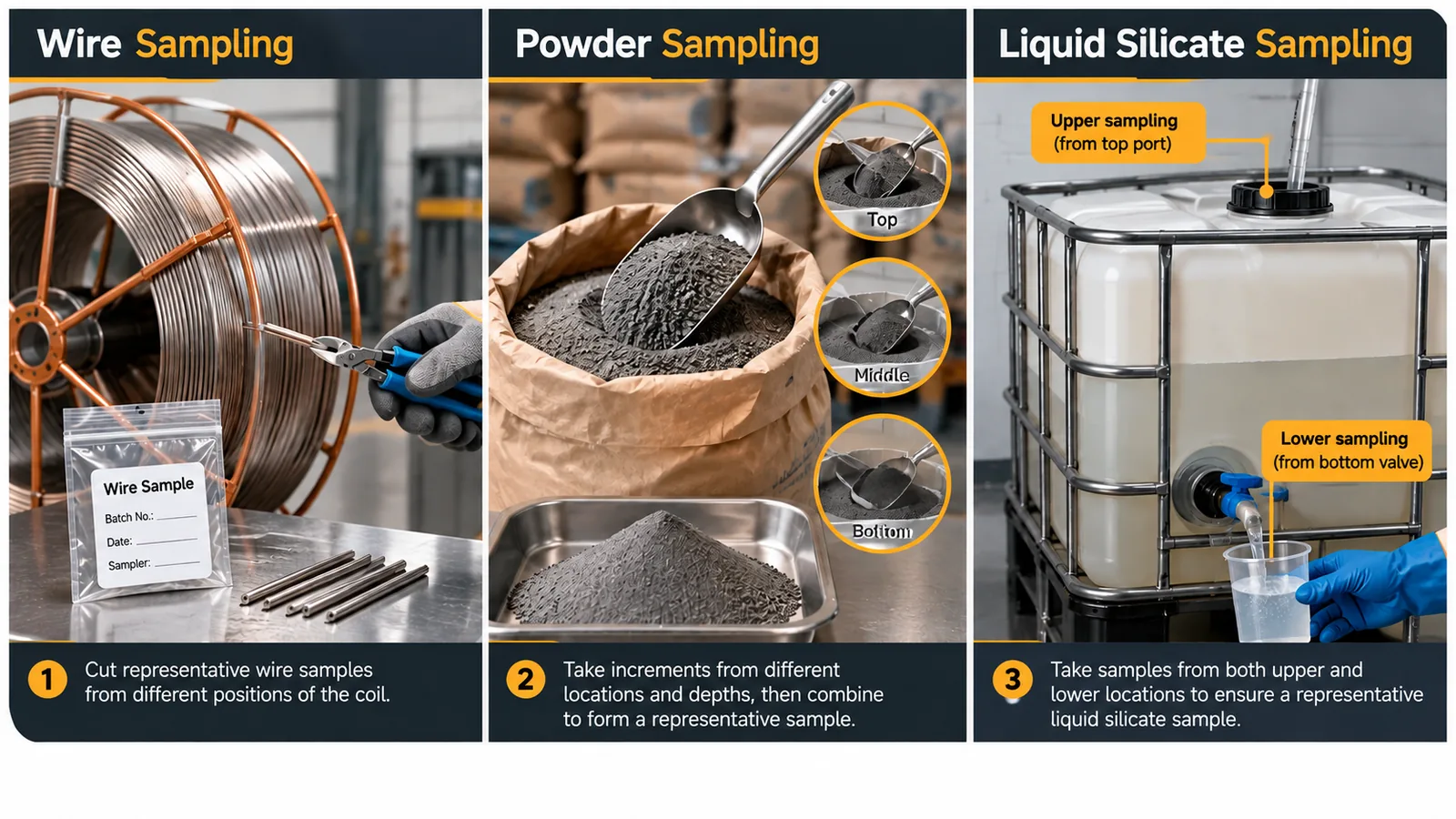 Material-specific sampling of wire, powders and liquid silicate in welding consumables manufacturing