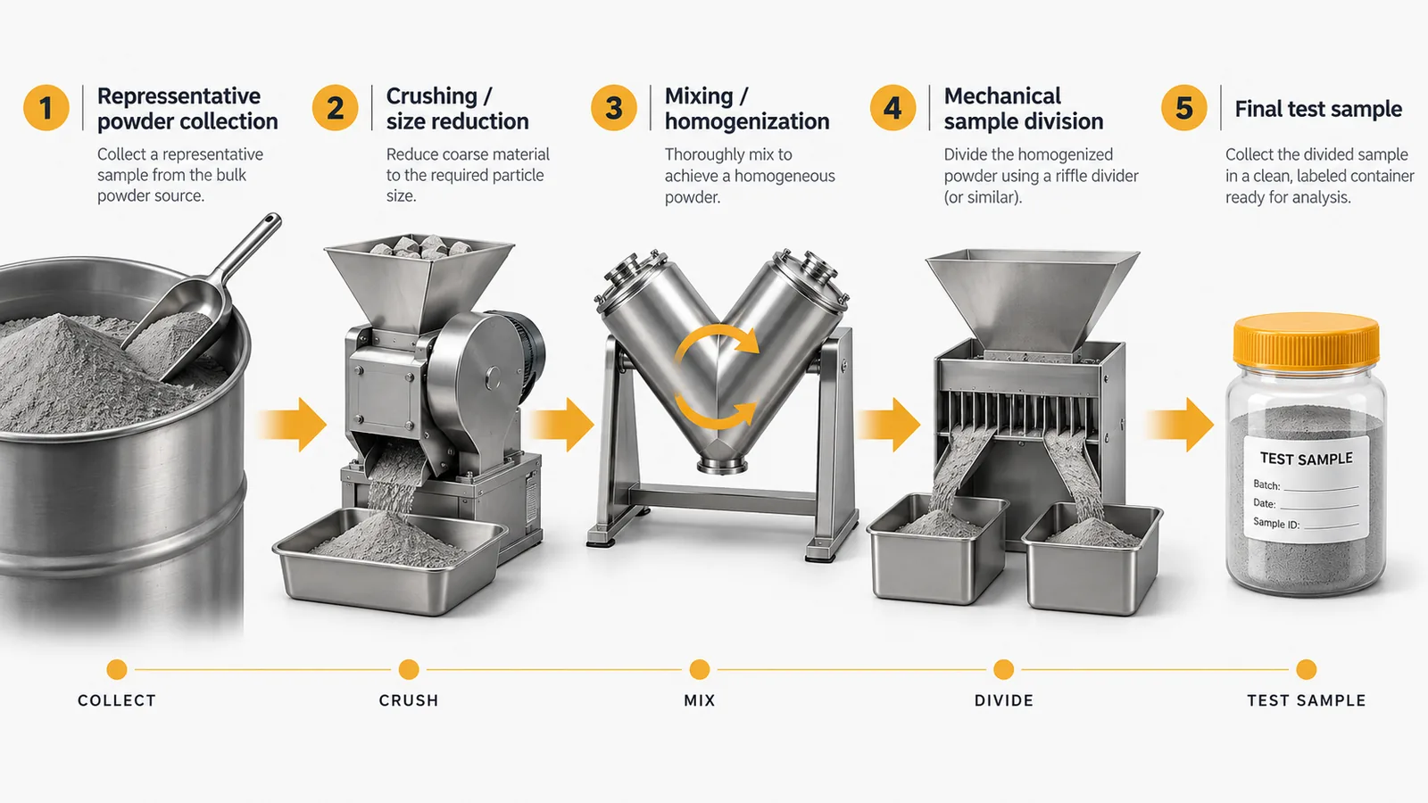Powder sample preparation workflow including crushing, mixing, sample division and final test sample