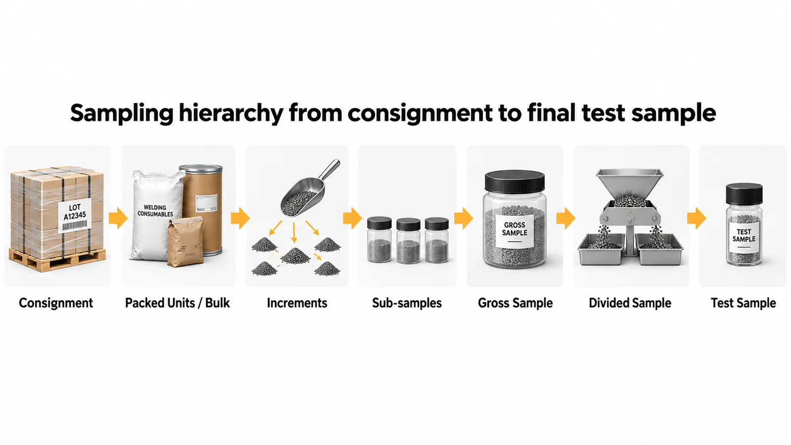 Sampling hierarchy from consignment to final test sample in welding consumables manufacturing