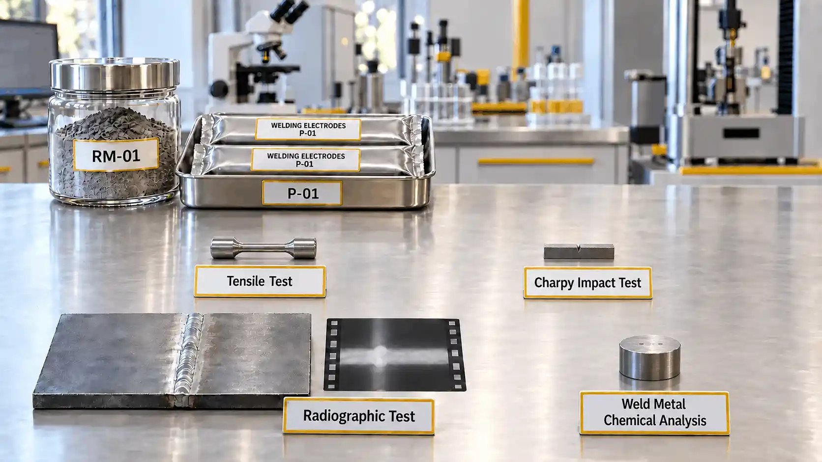 Tensile, Charpy impact and radiographic test specimens with a cylindrical weld metal chemical analysis sample and sealed electrode packets