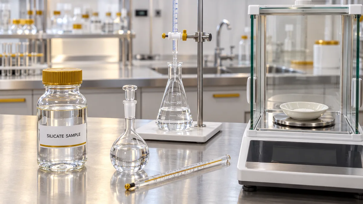 Silicate sample with laboratory glassware, a thermometer, titration equipment and an analytical balance