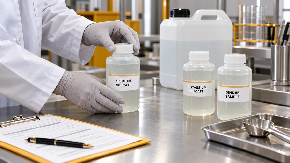 Technician handling labeled sodium and potassium silicate samples for incoming binder quality control