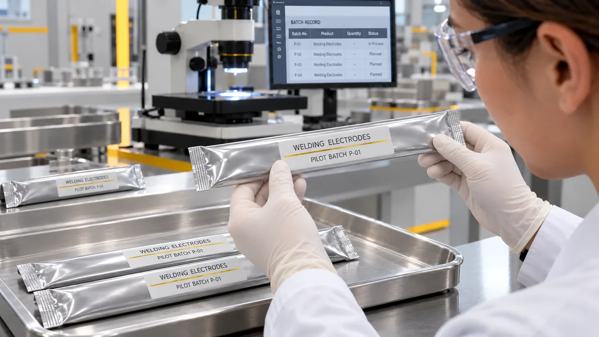 Technician checking the label of a sealed welding electrode packet marked Pilot Batch P-01