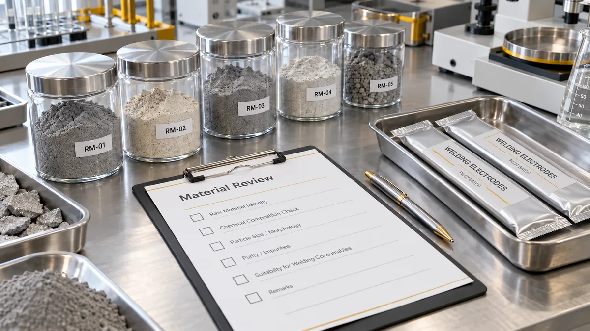 Labeled raw material samples, a review checklist and sealed pilot electrode packets on a laboratory bench