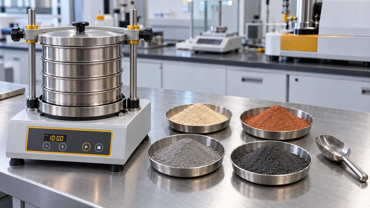 Laboratory sieve shaker with stacked test sieves and powder samples for particle size distribution control