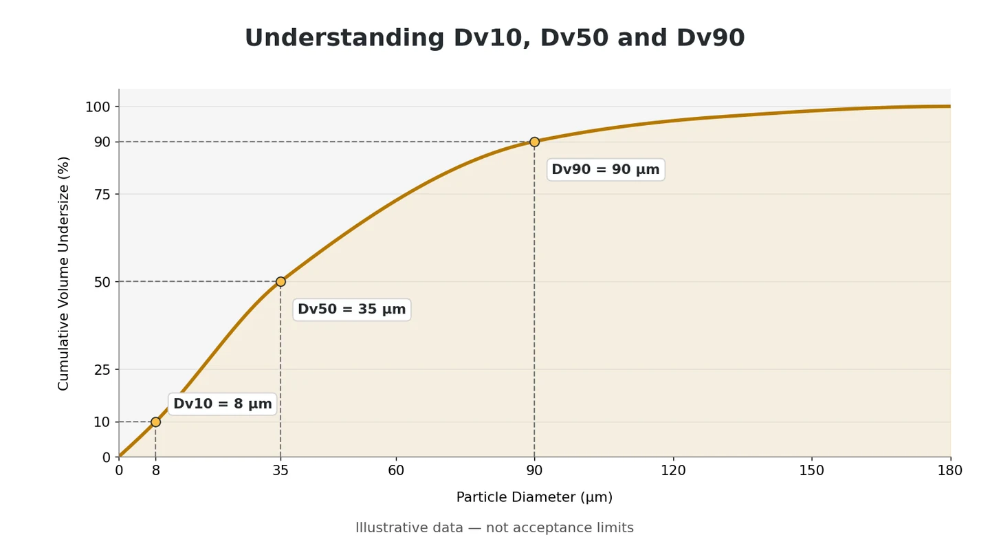 Cumulative volume particle size distribution curve showing Dv10 at 8 µm, Dv50 at 35 µm and Dv90 at 90 µm