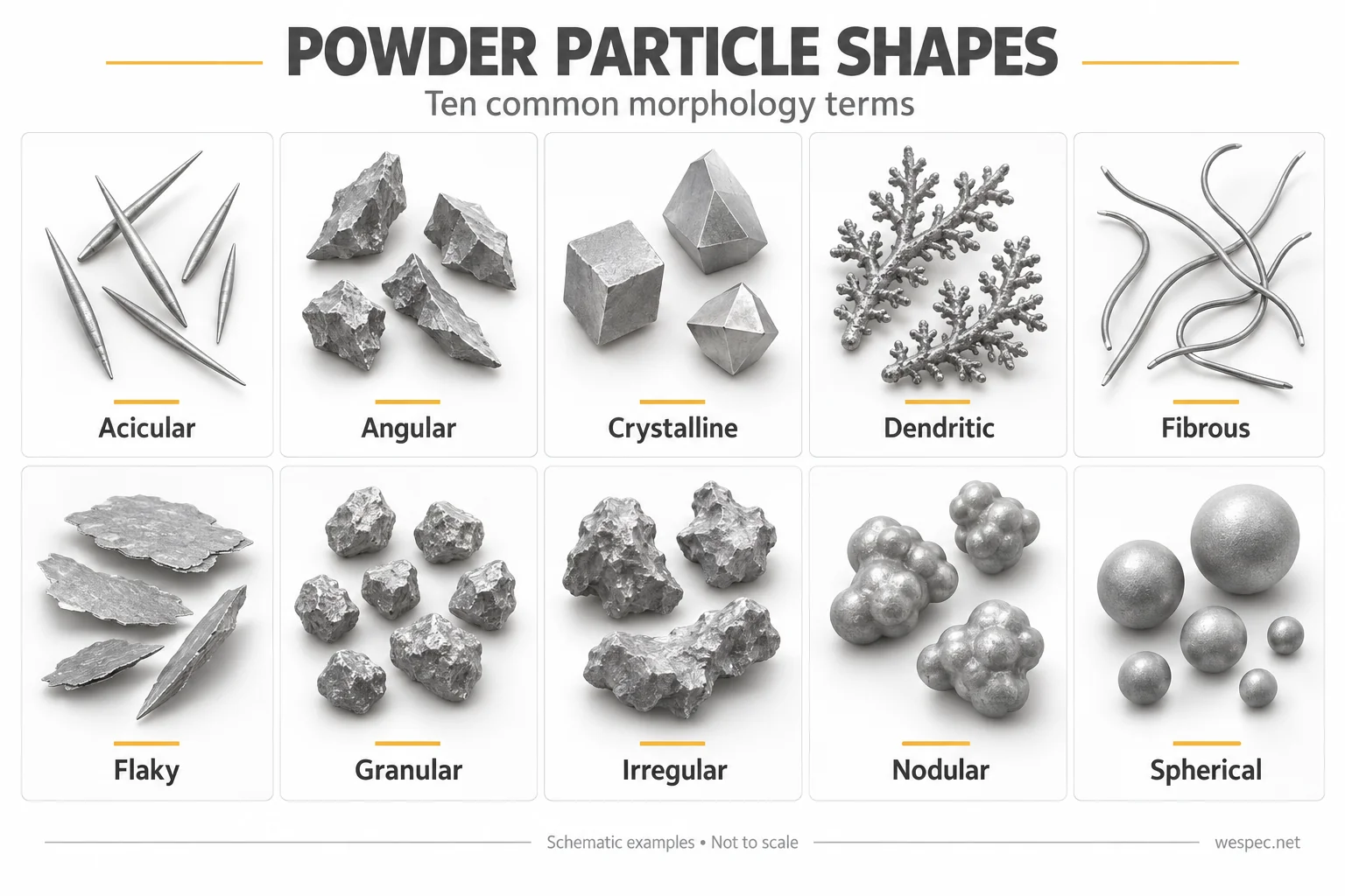 Ten powder particle shapes: acicular, angular, crystalline, dendritic, fibrous, flaky, granular, irregular, nodular and spherical.