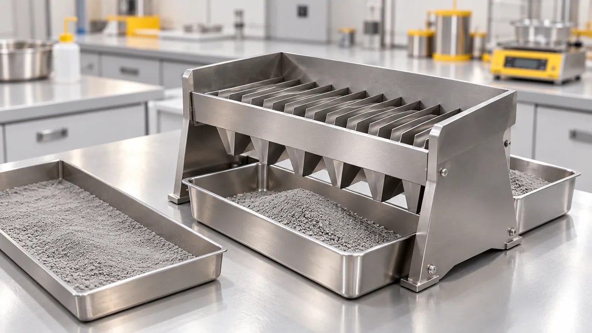 Laboratory riffle splitter with opposite-side collecting pans and a separate powder feeding tray