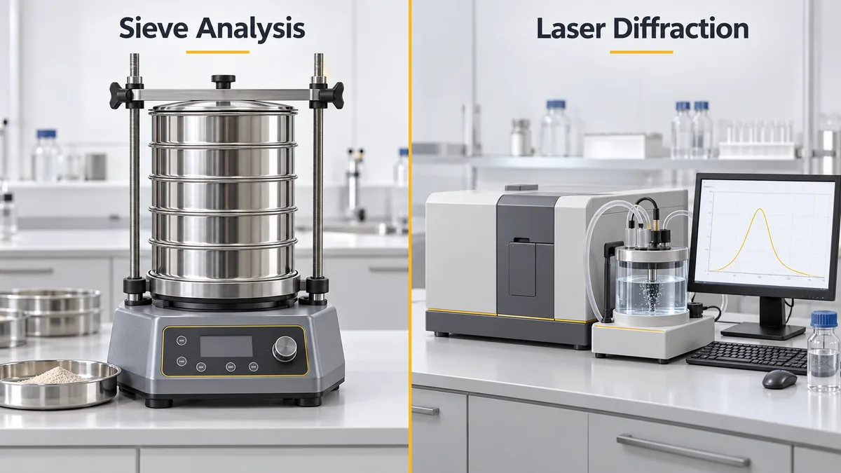 Side-by-side illustration of a laboratory sieve shaker and laser diffraction analyzer for particle size distribution control