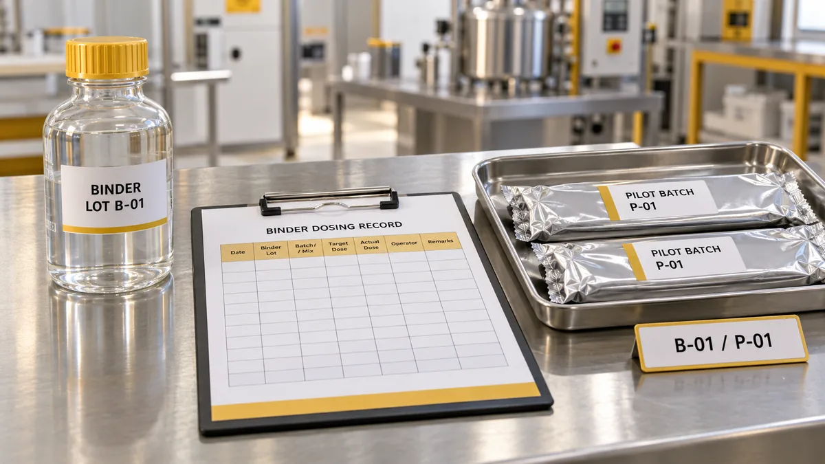 Silicate binder lot B-01 beside a dosing record and sealed pilot electrode packets marked P-01